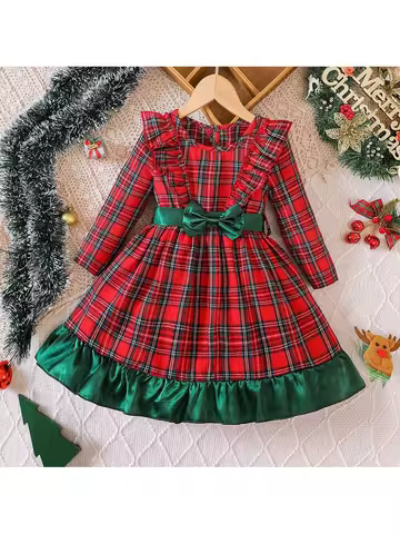 Girls' Christmas style dress with red checkered long sleeved skirt, big children's fashionable green
