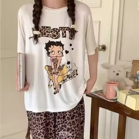Kawaii Betty Boop Pajamas Cute Summer Short Sleeved Long Pants Home Clothes Soft Loose and Comfortab