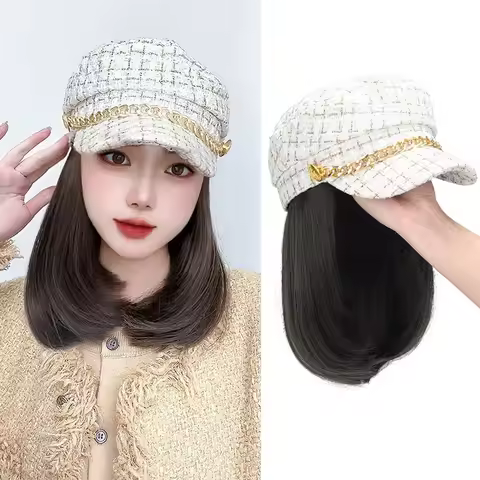 Hat Wigs 14 Inch Short Straight Hair Wigs With Tweed-Plaid-Newsboy Fiddler Cap Hat With Synthetic Ha