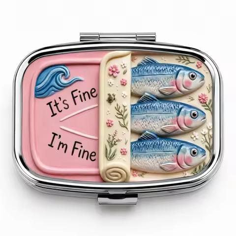 2 Compartments Metal Pill Box, It's Fine I'm Fine Sardine Print Portable Pocket Pill Case, Mini Trav