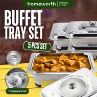 HOMEWORTH 5 Pcs Set Stainless Steel Four-Leg Stove Buffet Square Stove with Transparent Glass Cover