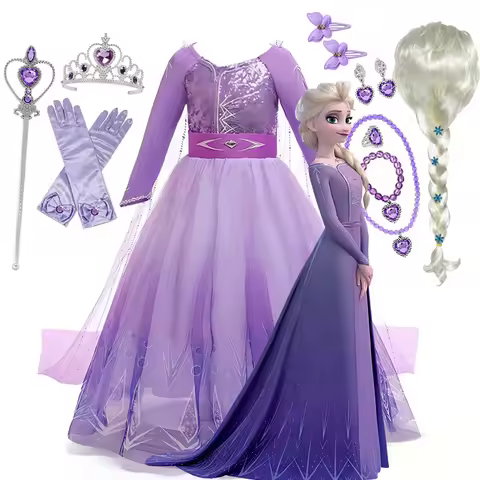 Frozen Elsa Disney Costume for Girl Birthday Party Purple Long Sleeve Carnival Clothing Kids Elsa Pr