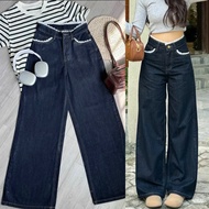 [Dwarf mushroom 95cm long] Women's high-waisted jeans with lace and pretty patterns in charcoal blue
