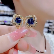 E-01 temperament diamond-encrusted sugar cube blue crystal earrings female fashion western style hig