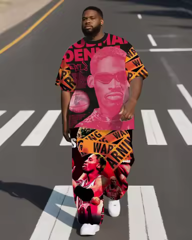 S-9XL Men's Set S-9XL Men's Plus Size Rodman Hip-Hop Short-Sleeved T-Shirt and Pants Two-Piece Set