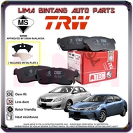 Toyota Corolla Altis ZZE141 , ZZE142 , ZRE142 , ZRE143 , ZRE172 , ZRE173 Front / Rear Brake Pads , Disc Brake Pad TRW