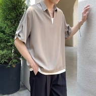 2022 Men's Trend High-end Ice Silk T-shirt Fake Two-piece V Neck Short-sleeved Polo Shirt Khaki\ Bla