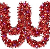 6 Pieces 39.4 Ft Christmas Prelit Tinsel Garland with 59 Ft Christmas LED Lights Hanging Metallic Garland Metallic Twist Garland with Lights for Christmas Tree Wedding Decor (Red)