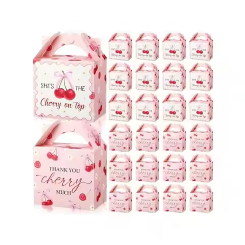 D24 Pcs Cherry Treat Boxes Pink Favor Bags With Handles She Is Cherry On The Top Boxes Thank You Par