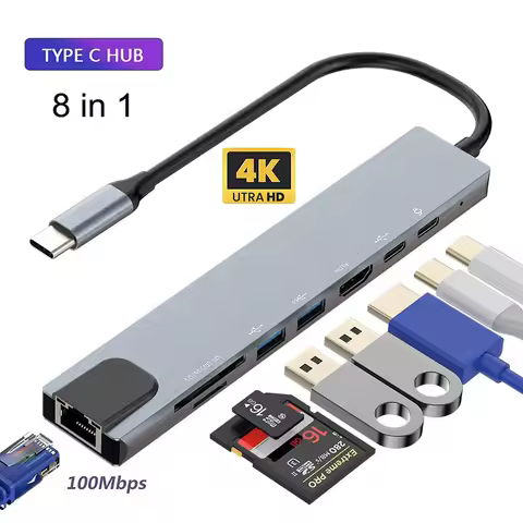8in1 USB C Docking Station Hub Type-C Thunderbolt3 To 4K UHD TF/SD Card Reader USB 2.0 100M RJ45 Eth