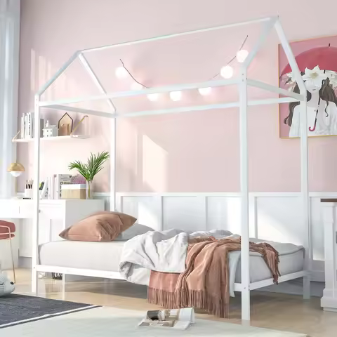House Bed Frame Twin Size , Kids Bed Frame Metal Platform Bed Floor Bed for Kids Boys Girls No Box S