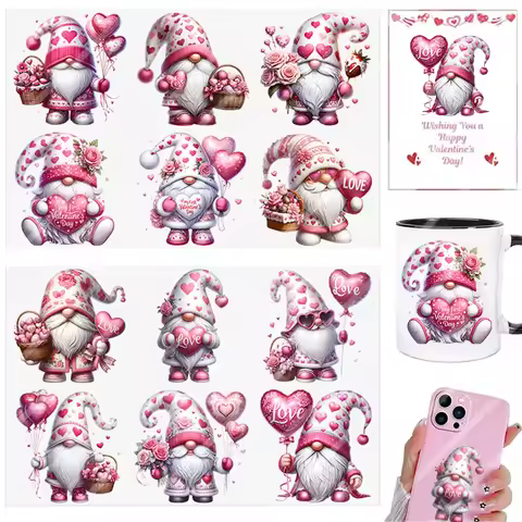 2pcs Pink Valentines Day Gnome Hearts Love DIY UV DTF Rub On Glass Cup Wrap Transfer Sticker Crafts 