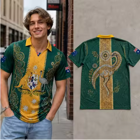 Mens Australia Ornate Kangaroo Emu Crest Semi Polo V Neck T Shirt Short Sleeve Casual Streetwear Top