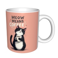 "Meow Means Coffee" Tuxedo Cat Coffee Mug Unique Design for Cat & Coffee Lovers
