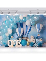 1張攝影背景布藍色熱氣球熊仔男孩1歲生日派對背景橫幅蛋糕桌裝飾乙烯基產品尺寸100厘米39英寸* 150厘米59英寸