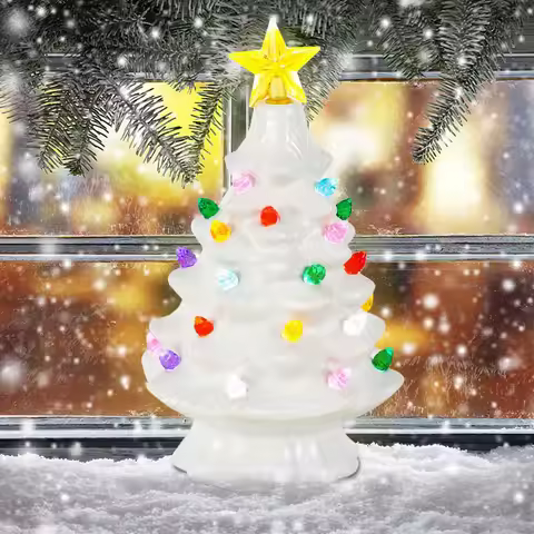 7 Inch Ceramic Christmas Village Decor Tree LED Topper Star Multicolored Lights Decorative Atmospher
