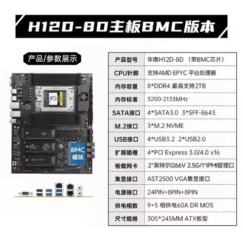 Материнская плата HUANANZHI H12D 8D Содержит BMC) для процессоров AMD EPYC