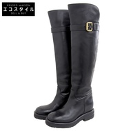 Chloe Coddington Leather Flat Long Boots, Women's, Black and Gold, Size 37, 042432E, Excellent Condi