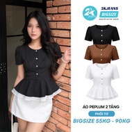 Lovely Women's Blouse with Puff Sleeves, Round Neck, Waist, 2-Layer Flared Flap, Genuine Cotton AT91