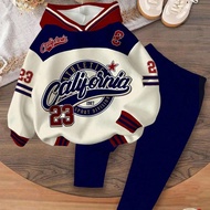 2pcs Baby Girl Casual Retro Letter & Number Graphic Sporty Oversized Hoodie Sweatshirt And Relaxed F