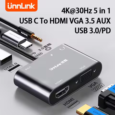 Unnlink 5 in 1 USB C to HDMI Adapter type c to 4K HDMI VGA 1080P USB 3.0 PD 100W 3.5MM audio Multipo