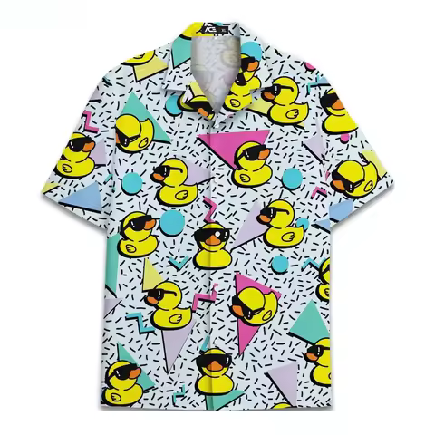 Summer Fun Duck Pattern Hawaiian Men's Shirt - Yellow Duck 3D Print - Casual Buttoned Shirt - Quick-