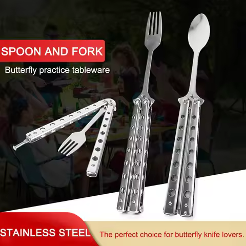 Stainless Steel Tableware Folding Butterfly Knife Style Utensil Fork Spoon Training Butterfly Knives