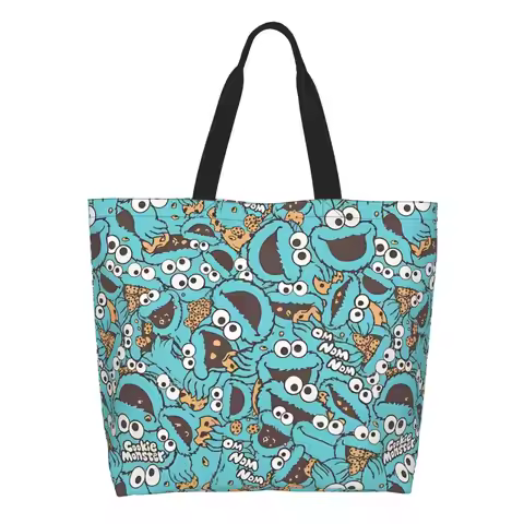 Custom Cookie Monster Shopping Canvas Bags Women Recycling Large Capacity Groceries Tote Shopper Bag