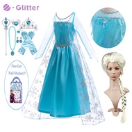 Disney Frozen Elsa Baby Dress For Kids Girl Mesh Sequined Snow Queen Princess Dresses Cloak Wig Crown Nail Stickers Accessories Kid Clothes Children Birthday Party Wear