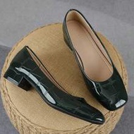 2026 New Olive Green Crocodile Embossed Square Toe 3cm Chunky Heel Low Heel Pumps, Glossy Slip-On El