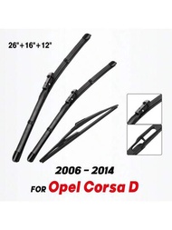 適用於歐寶corsa D 2006-2014的wiper Lhd前部和後部擋風玻璃窗刮水器套裝,寬度分別為26英寸、16英寸、12英寸。適用於歐寶corsa D 2006 - 2014,不適用於右駕駛。狀態：100％全新未使用（出貨前品質檢查）。組成：2件（乘客側和司機側）+1件後擋風玻璃刮水器。材質：高級天然橡膠。具有最大性能保障。特點：定制適配,直接替換舊刮水器。100萬次刮拭。耐溫：+158f至-40f（+70c至-40c）。獨特的三段式設計沿整個刮刀長度施加均勻壓力。張力記憶沿整個刮刀長度施加均勻壓力。特殊混合橡膠可提供終極的平滑,清潔,無噪音拭擦。氣動設計可顯著減少阻力,噪音和風力升力。防止金屬/塑料零件暴露產生冰雪積聚。使用說明：本項目不帶手動安裝說明。