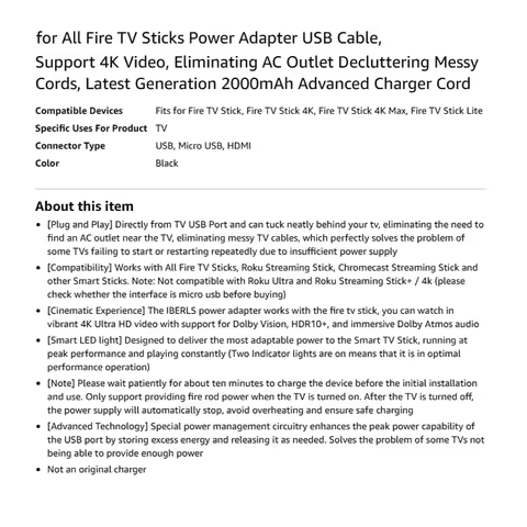 2000mAh USB Power Cord Power Adapter for Amazon Fire TV Stick 4K Max Lite Roku Streaming Stick Chrom