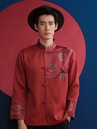 (JUN) CNY Men’s Shirt เสื้อตรุษจีนผู้ชายสีแดงเข้มแต่งลาย รุ่น LHONG