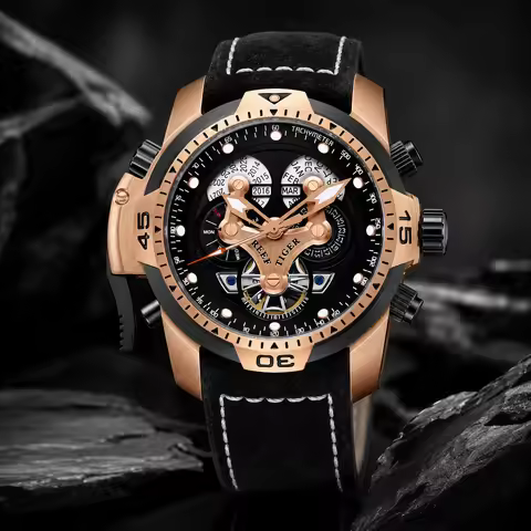 REEF TIGER Men's Luxury Automatic Mechanical Watch, Military Style, Leather Strap, Stainless Steel, 