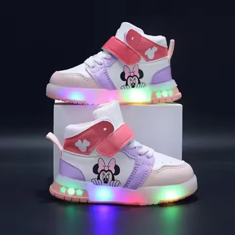 2026 Girls' Causla Shoes PU Leather Mickey Mouse LED Luminescent Children's Sneaker 1-6 Year Old Boy