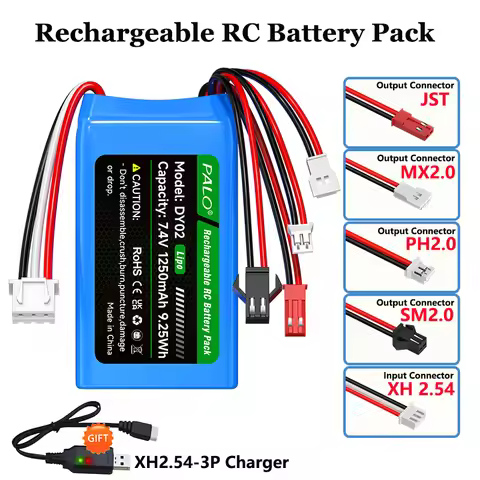 7.4V 1250mAh Rechargeable Battery with JST Plug & PH2.0 & SM-3P & MX2.0 Plug Battery for WLtoys RC C