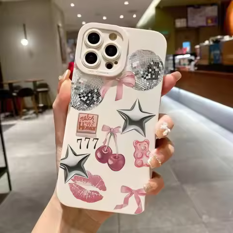 Sparkly Crystal Ball Pink Bow Cherry Pattern Case For Samsung Galaxy A55 A15 A55 A54 A35 S25 Ultra S