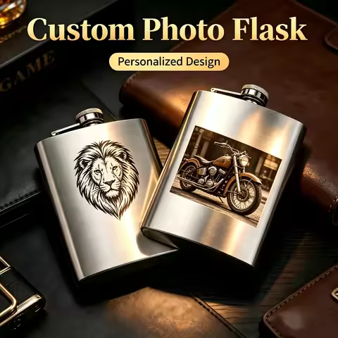 Engraved Custom PHOTO Whiskey Flask Stainless Steel Pocket Alcohol Vessel Personalized Portable Whis