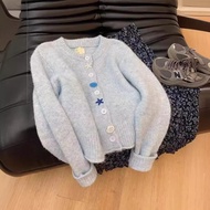 [lucky Women's Clothing] Early Spring Heavy Industry Lazy Style Soft Waxy Milk Blue Sweater Jacket F