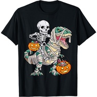 Kaos Baju Dewasa Skeleton Riding Mummy Dinosaur Trex Halloween Funny Pumpkin T-Shirt