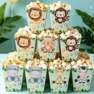 6pcs Jungle Animal Theme Paper Popcorn Boxes, Suitable For Jungle Theme Birthday Party, One-Time Use