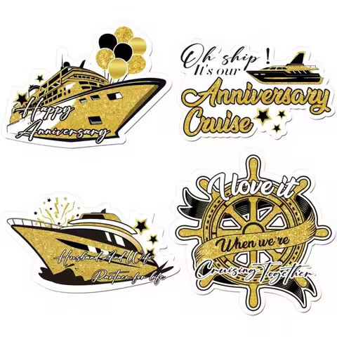 4 Pcs Happy Anniversary Cruise Door Magnet Decor Black Gold Theme Magnets for Wedding Party Fridge C