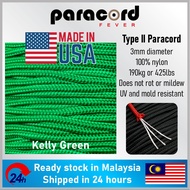 Made in USA - 3mm Type II 425 Tali Paracord Rope Parachute Cord - Kelly Green