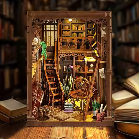 OUZEY DIY Wooden Myriad Books House Book Nook Shelf Insert Miniature Model Kit Bookend Craft Kit for