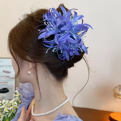 Spider Lily Flower Hair Claw Clips for Women Long Tassel Shark Clip Dedicate Crystal Acrylic Hairgri