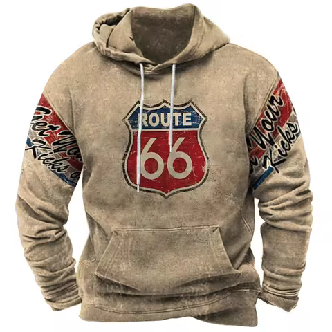 Vintage 66 Route Pullovers For Men Printed Biker Motor Sweatshirt Man Clothes Oversized Long Sleeve 