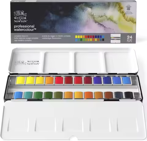 Winsor & Newton Professional Watercolor Paint Set, Lightweight Metal Box, 24 Half Pan
