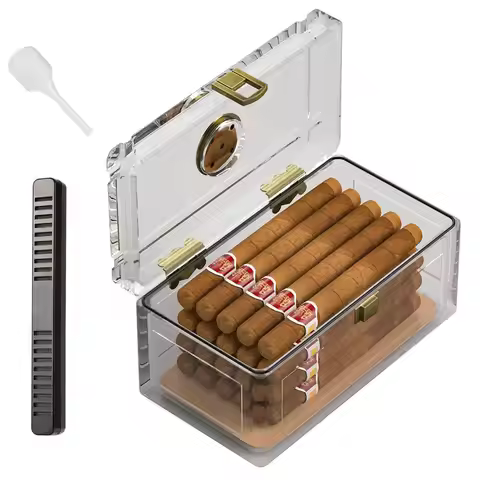 Acrylic Cigar Humidor With Cedar Wood Paper Humidor Box Hygrometer Humidifier Cigar Case Fit 15-20 S