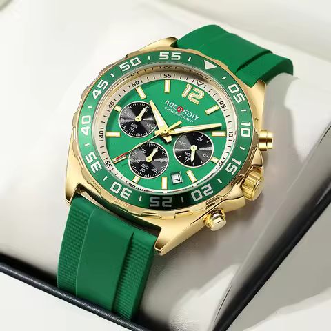 Luxury Fashion Gold Coating Quartz Chronograph Mens Watch Japan Movement Chronograph Black Green Dia