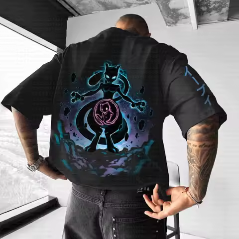 Summer 2026 Pokemon Cotton T Shirt Mewtwo Back Print Purple Aura Blue Glow Effects Japanese Text Des